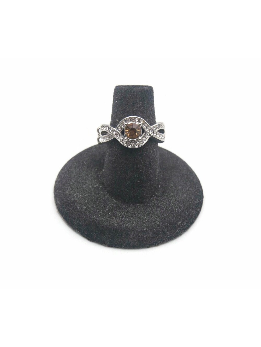 Vintage Silver Tone with Yellow and Clear Rhinestones Size 5 Elastic Ring.